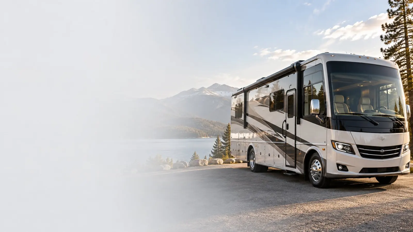 A motorhome on the open road at dusk